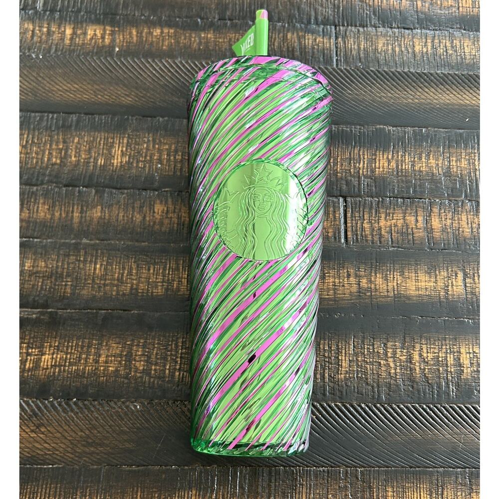 NEW! Starbucks Wicked Pink & Green Swirl 24 oz Tumbler with Straw - Picture 2 of 11